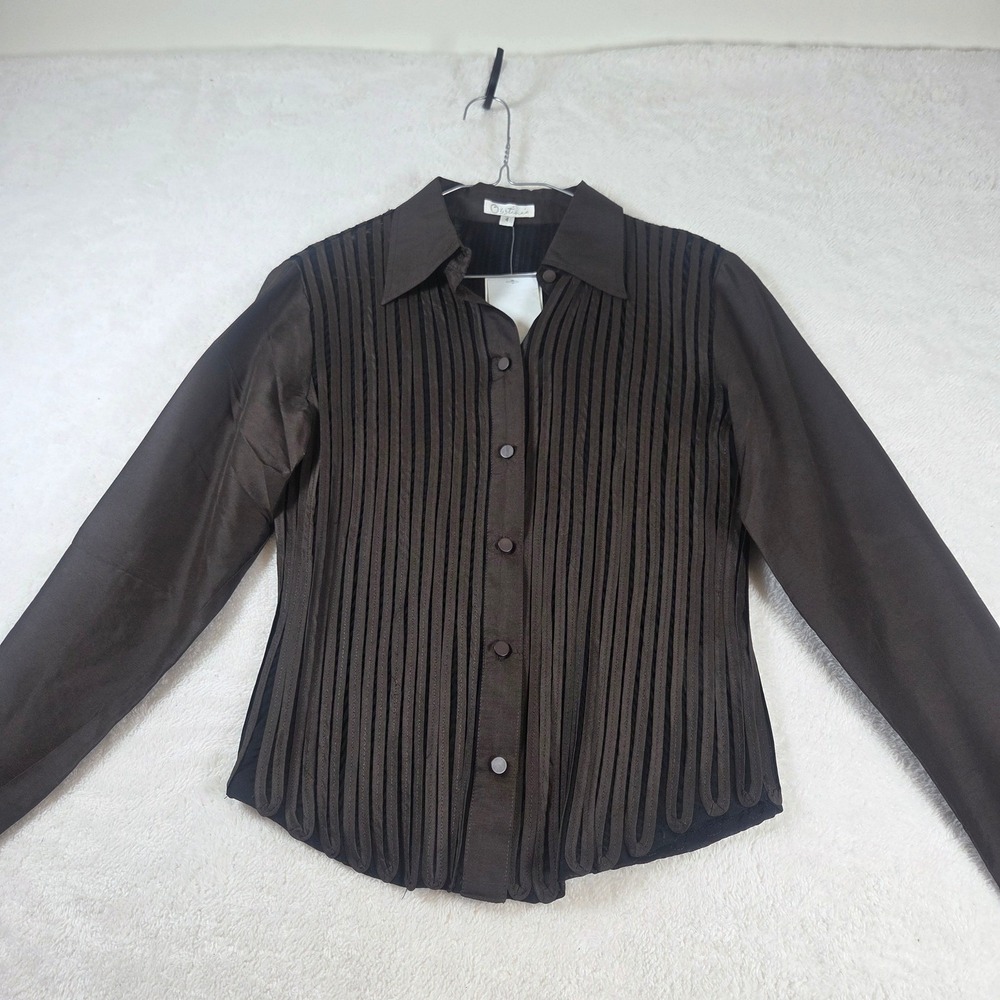 Obstinee Brown Pintuck Pleated Button Down Blouse Long Sleeve Scalloped Hem SZ 4